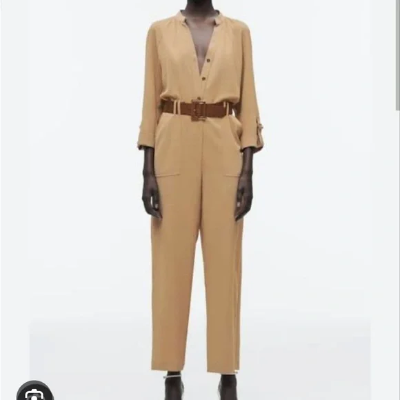 Zara Tan Wide Straight Leg Jumpsuit with Brown Croc Belt - Picture 3 of 10